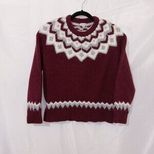 LL Bean Womens Medium Red Nordic Fair Isle Yoke Sweater 100% Lambswool Chunky